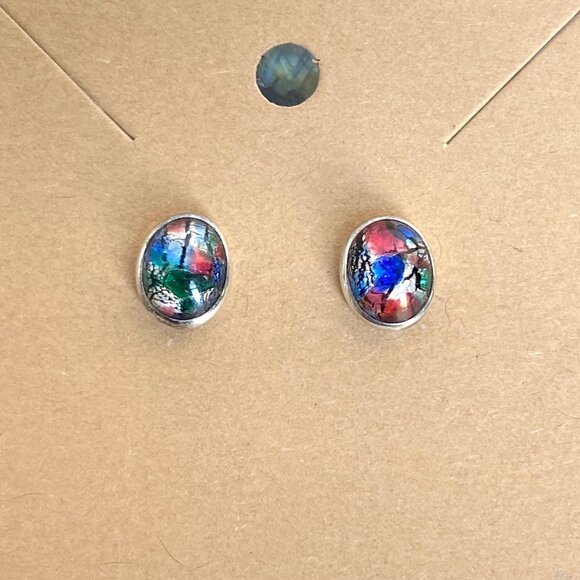 Sterling Silver 925 Dainty Oval Dichroic Glass Cabochon Stud Earrings - Picture 10 of 16